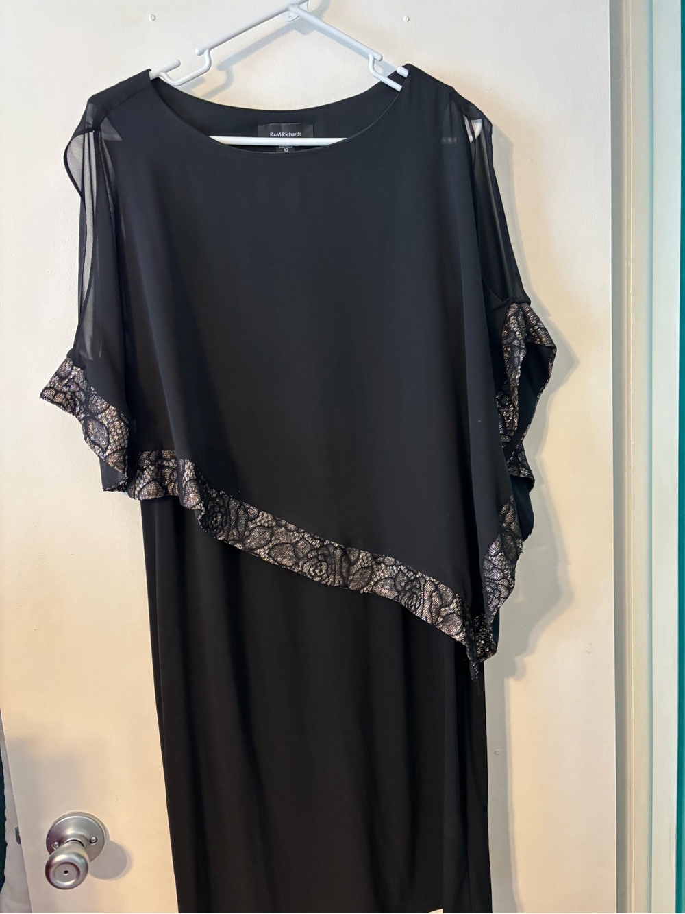 R&M Richards Black One-Shoulder Evening Dress with Lace Trim